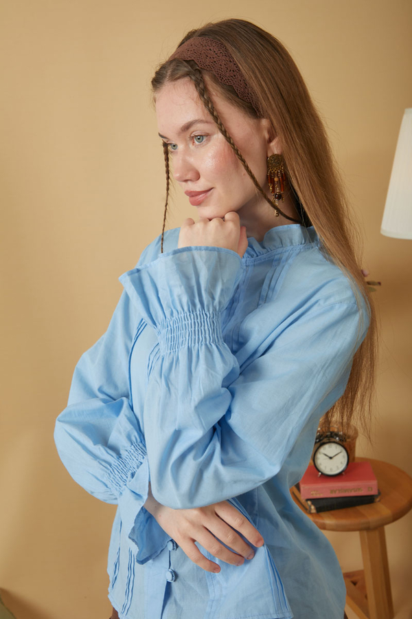 Yakası Bağcıklı Nervürlü Gömlek Bebe Mavisi - 9