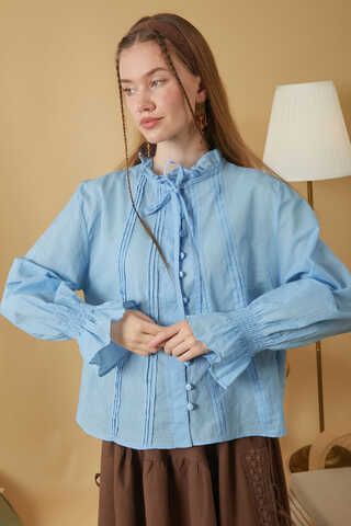 Yakası Bağcıklı Nervürlü Gömlek Bebe Mavisi - 12