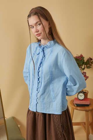 Yakası Bağcıklı Nervürlü Gömlek Bebe Mavisi - 13