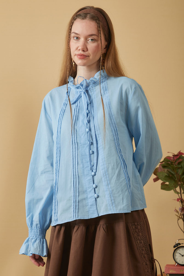 Tie-Neck Pleated Voile Blouse Baby Blue (1)