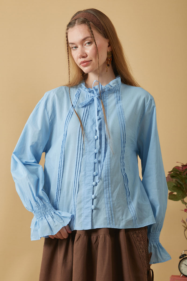 Tie-Neck Pleated Voile Blouse Baby Blue