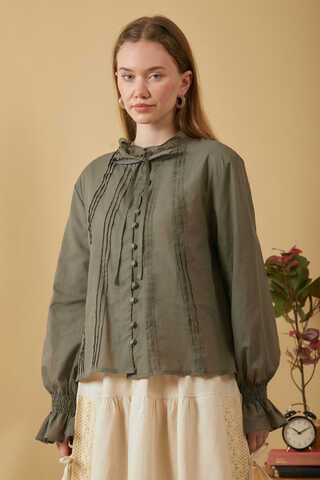 Yakası Bağcıklı Nervürlü Gömlek Haki - 4