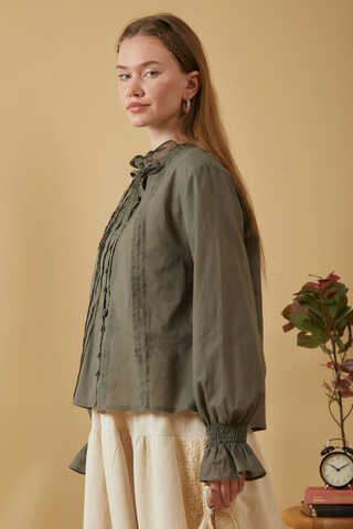 Yakası Bağcıklı Nervürlü Gömlek Haki - 5