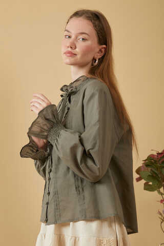 Yakası Bağcıklı Nervürlü Gömlek Haki - 6