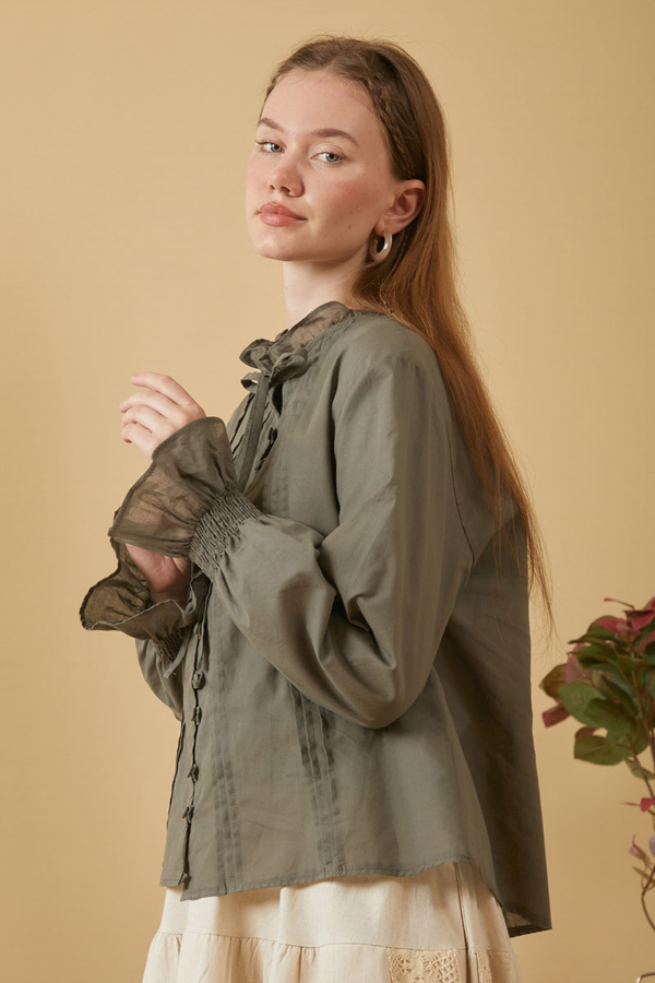 Yakası Bağcıklı Nervürlü Gömlek Haki - 6