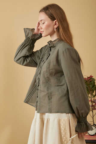 Yakası Bağcıklı Nervürlü Gömlek Haki - 7