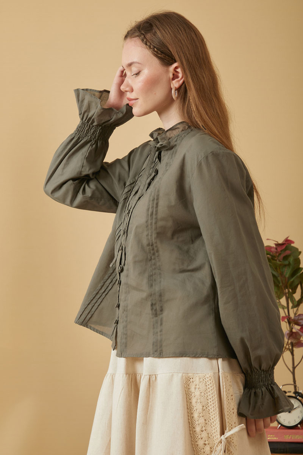 Yakası Bağcıklı Nervürlü Gömlek Haki - 7