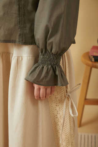 Yakası Bağcıklı Nervürlü Gömlek Haki - 9