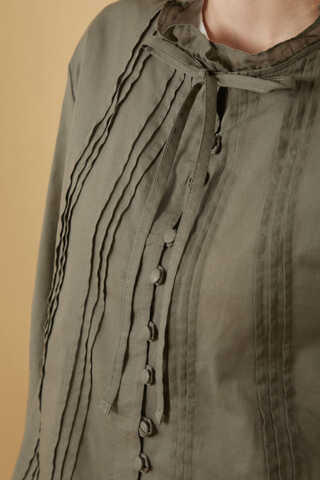 Yakası Bağcıklı Nervürlü Gömlek Haki - 10