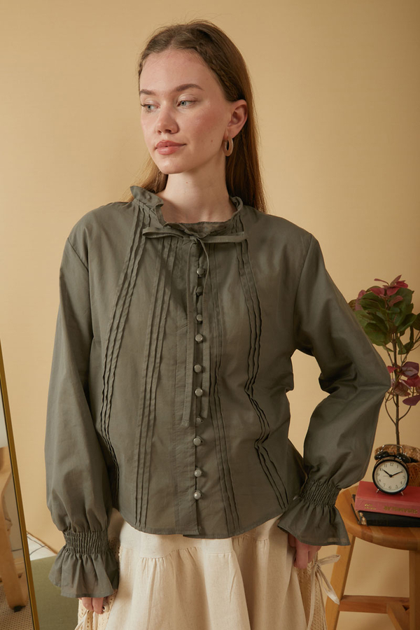 Yakası Bağcıklı Nervürlü Gömlek Haki - 3