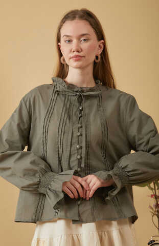 Yakası Bağcıklı Nervürlü Gömlek Haki - 2