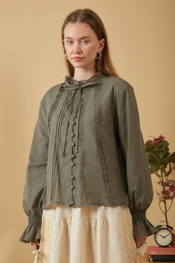 Yakası Bağcıklı Nervürlü Gömlek Haki - 4