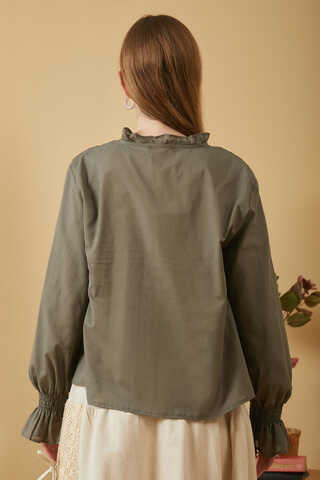 Yakası Bağcıklı Nervürlü Gömlek Haki - 8