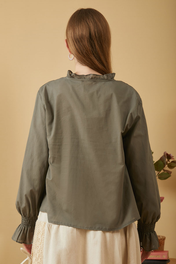 Yakası Bağcıklı Nervürlü Gömlek Haki - 8