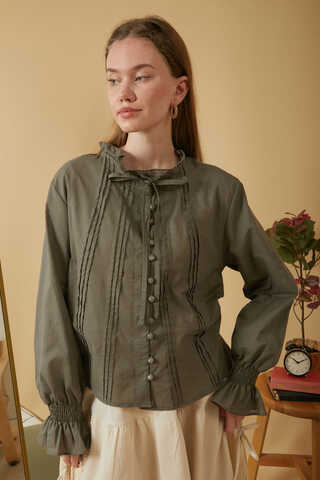 Yakası Bağcıklı Nervürlü Gömlek Haki - 3