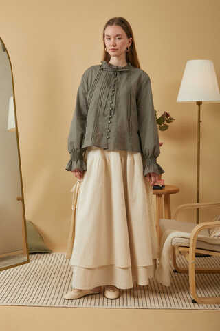 Yakası Bağcıklı Nervürlü Gömlek Haki - 1