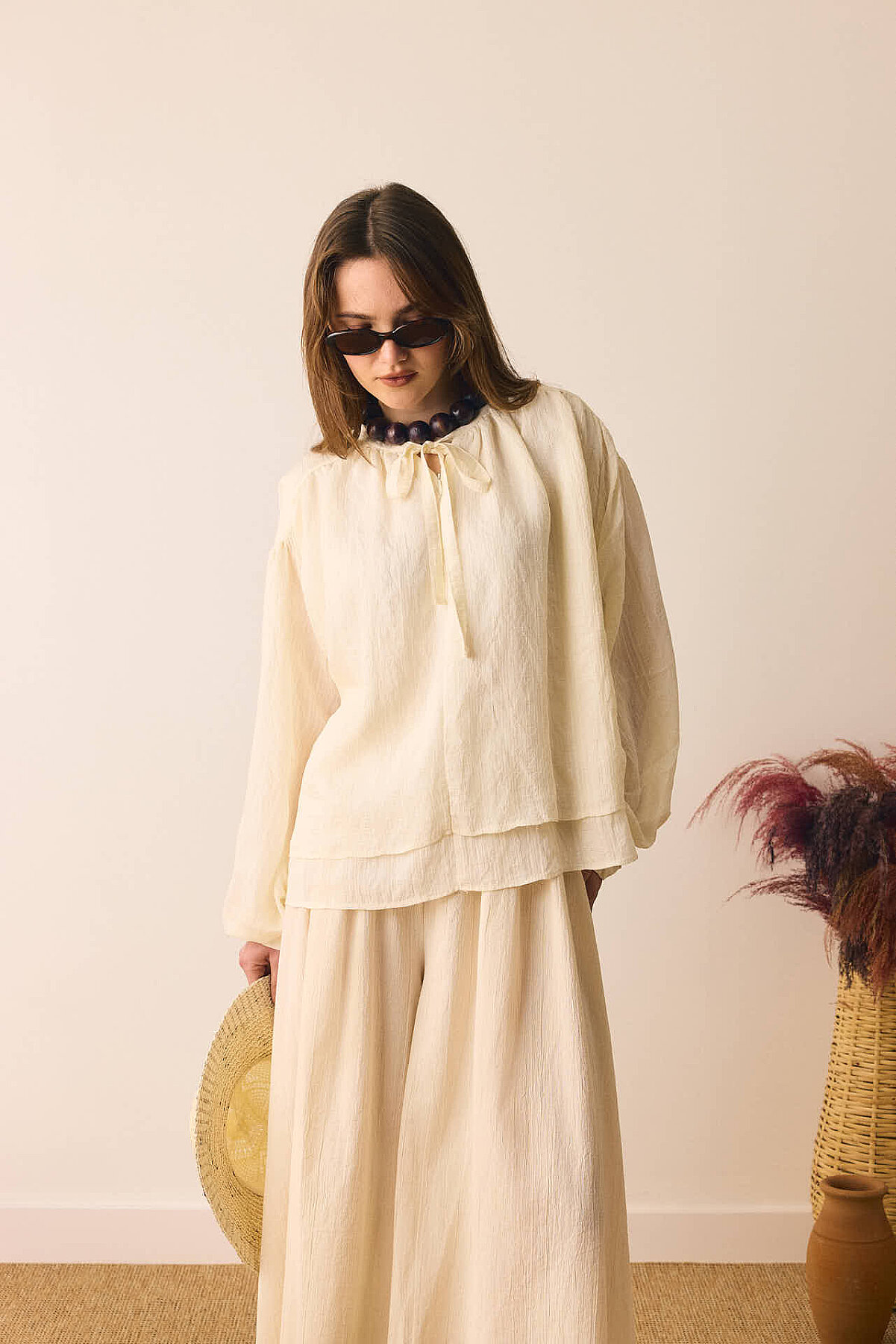 Yakası Bağlamalı Bluz Beyaz