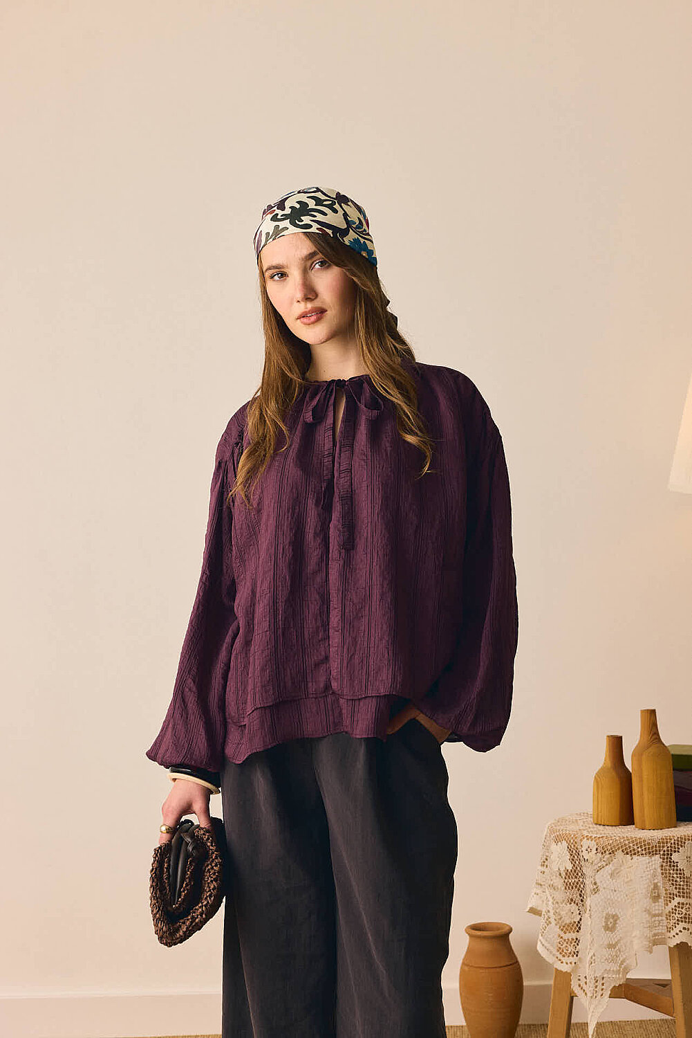 Yakası Bağlamalı Bluz Mürdüm - 6