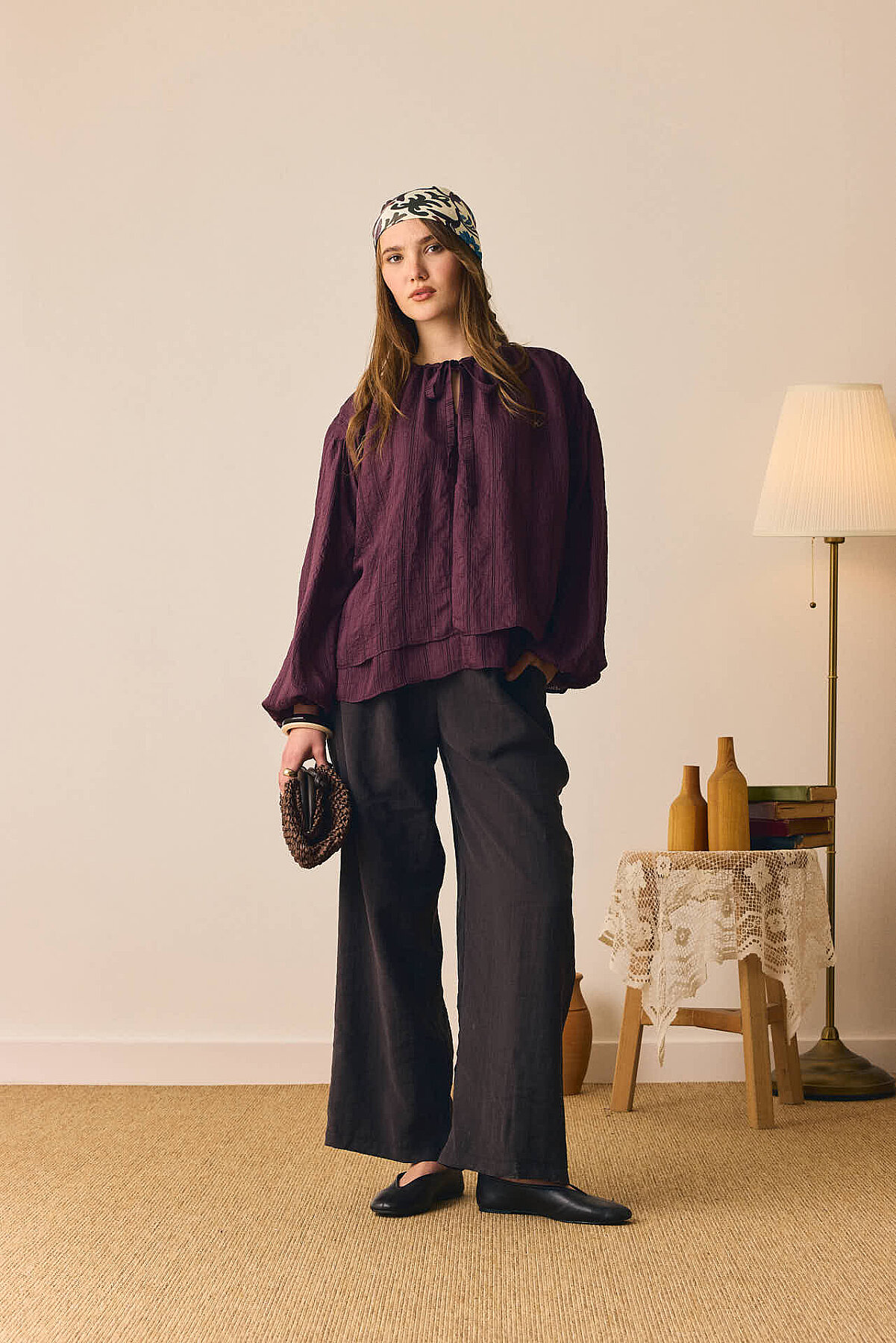 Yakası Bağlamalı Bluz Mürdüm