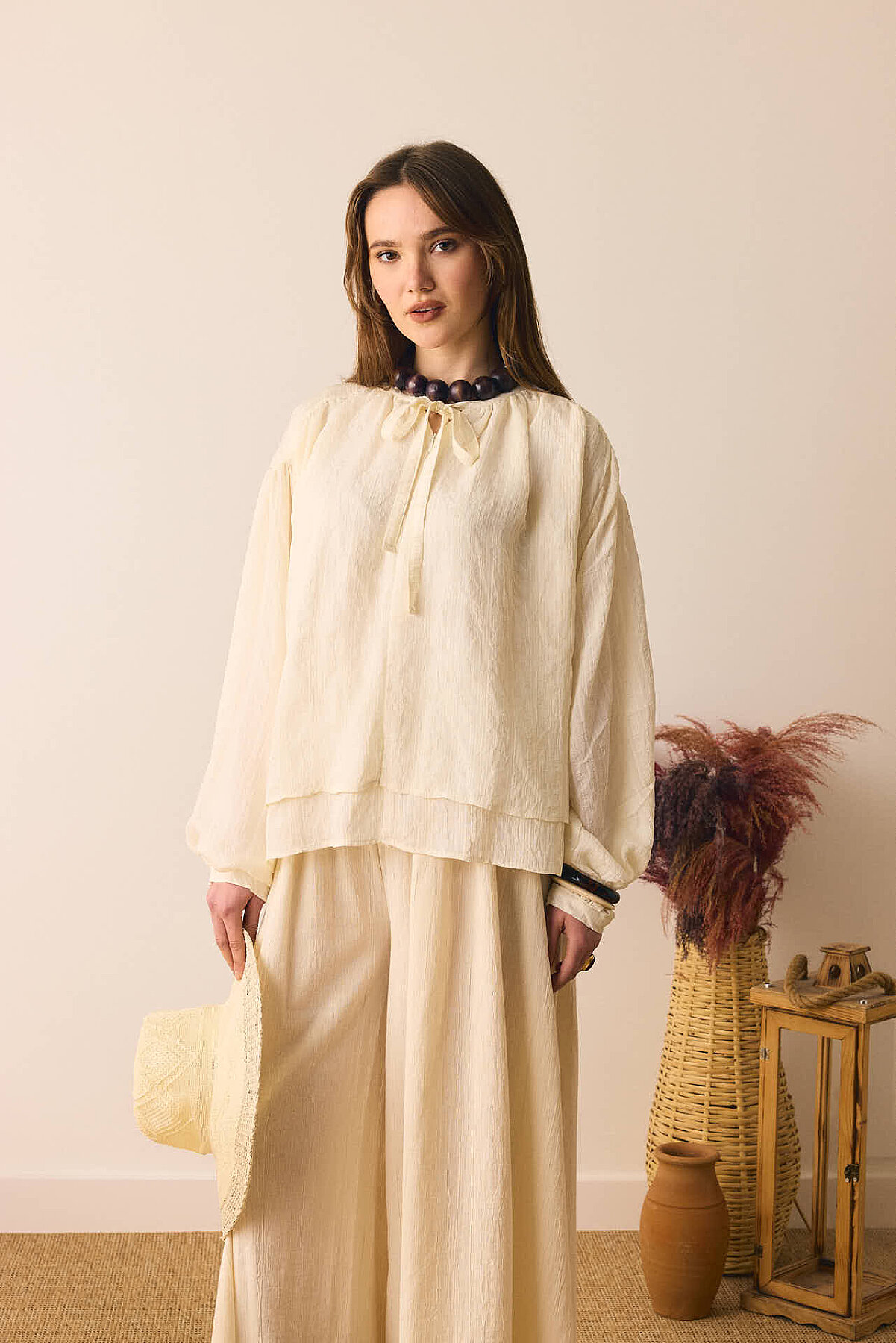 Yakası Bağlamalı Bluz Taş