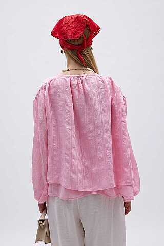 Yakası Bağlamalı Bluz Toz Pembe - 3