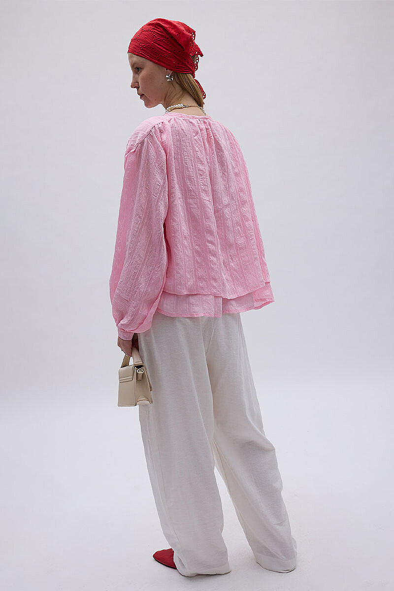 Yakası Bağlamalı Bluz Toz Pembe - 6