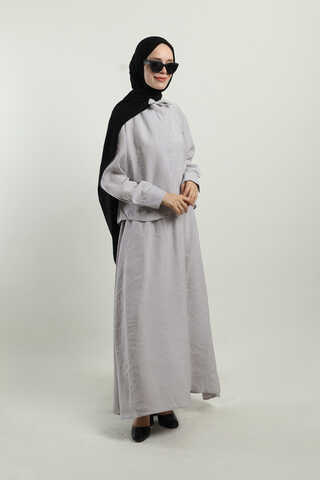 Yakası Bağlamalı Etek Takım Açık Gri - 1