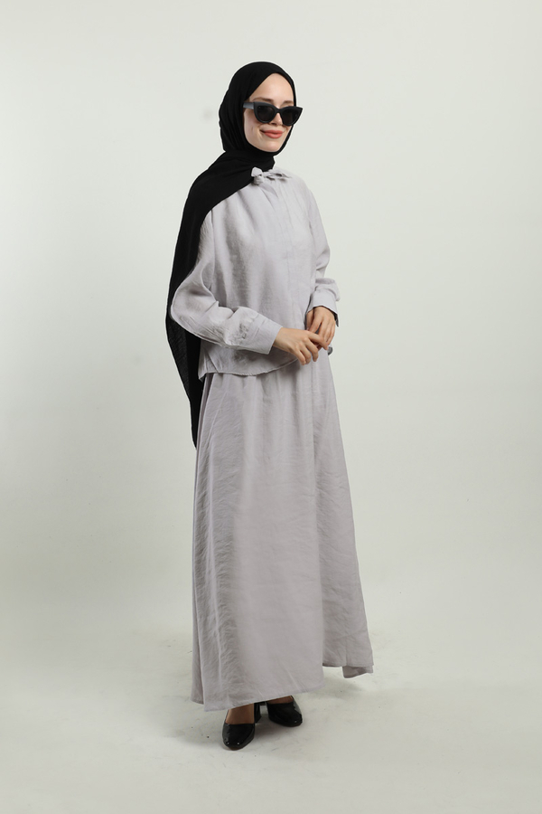 Yakası Bağlamalı Etek Takım Açık Gri 