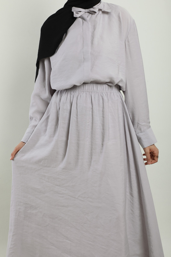 Yakası Bağlamalı Etek Takım Açık Gri - 5