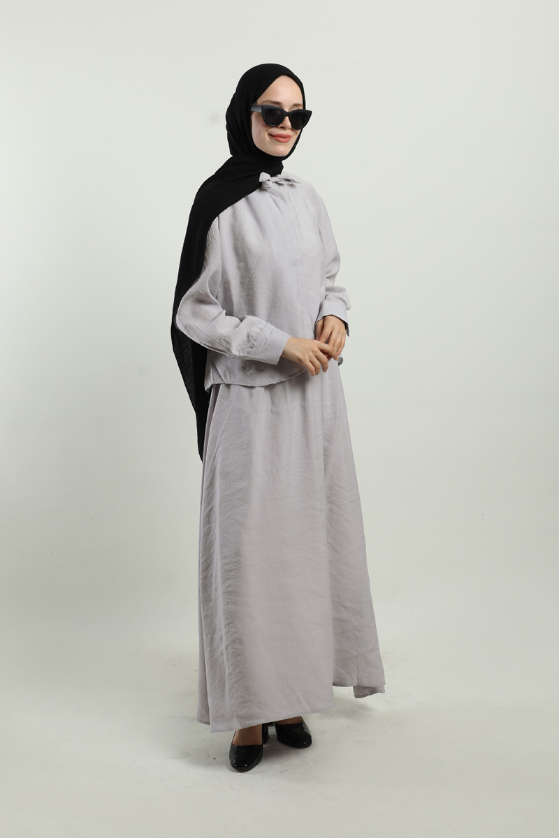 Yakası Bağlamalı Etek Takım Açık Gri