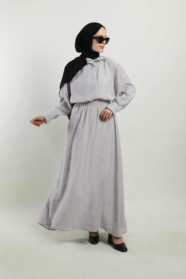 Yakası Bağlamalı Etek Takım Açık Gri - 3