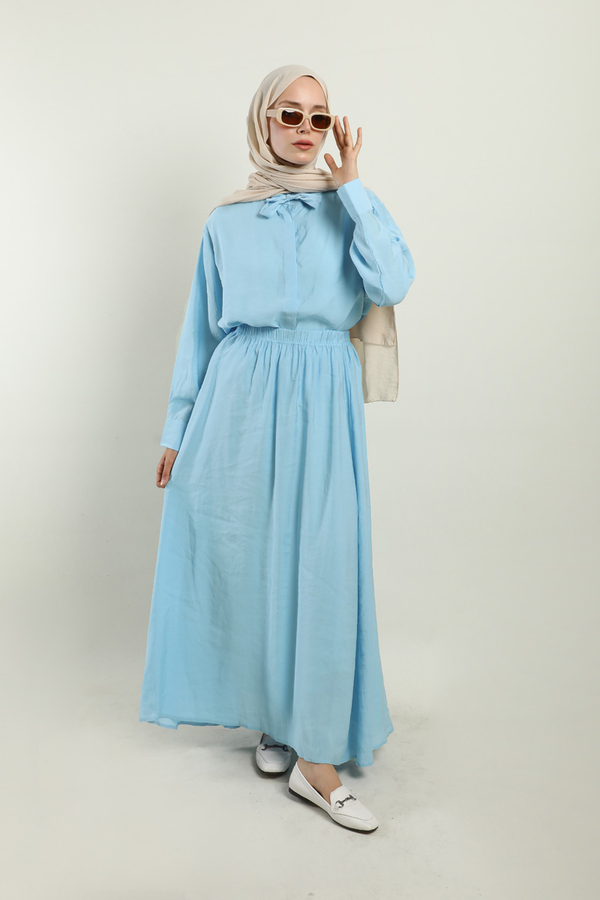 Yakası Bağlamalı Etek Takım Bebe Mavisi 