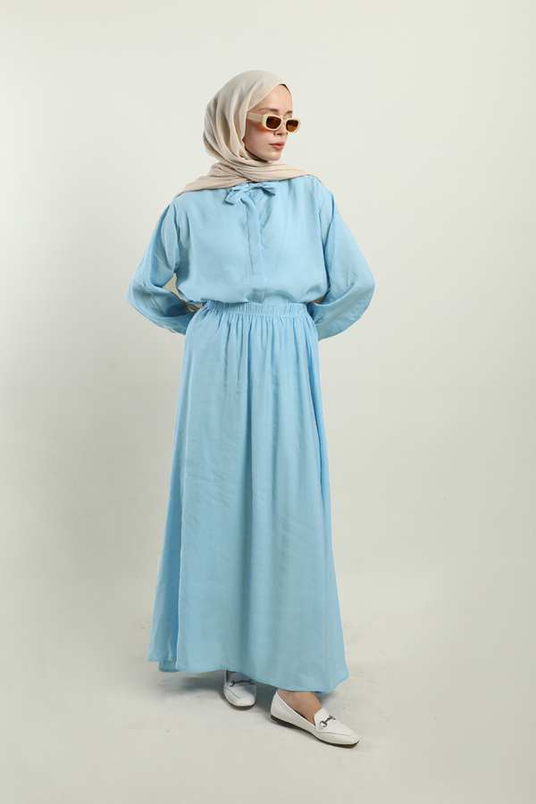 Yakası Bağlamalı Etek Takım Bebe Mavisi - 4