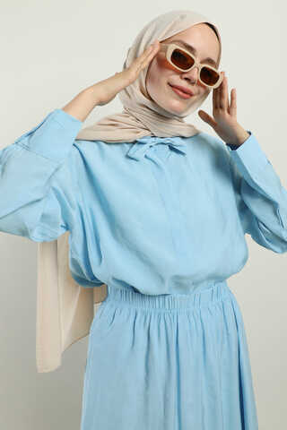 Yakası Bağlamalı Etek Takım Bebe Mavisi - 3