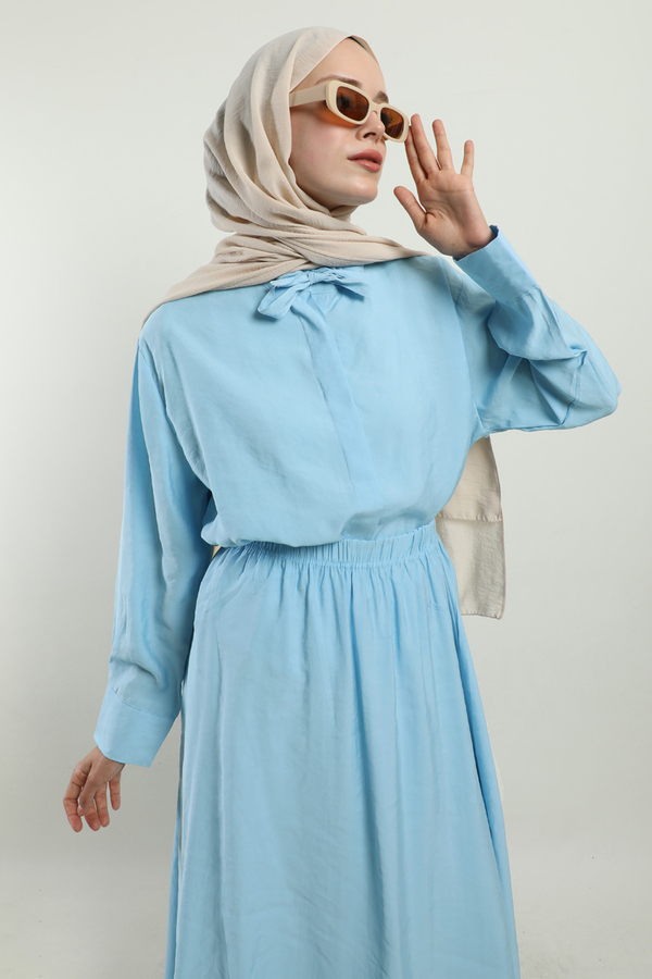 Yakası Bağlamalı Etek Takım Bebe Mavisi - 5