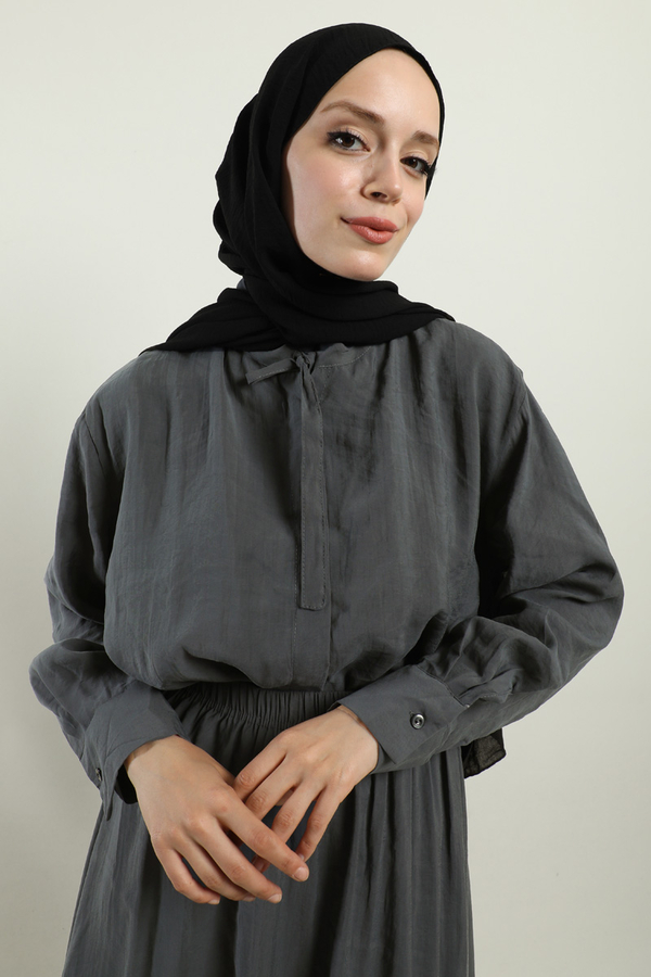 Yakası Bağlamalı Etek Takım Füme - 3