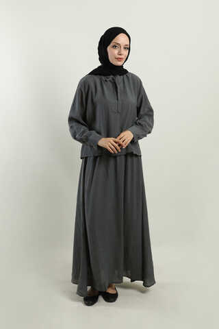 Yakası Bağlamalı Etek Takım Füme - 1