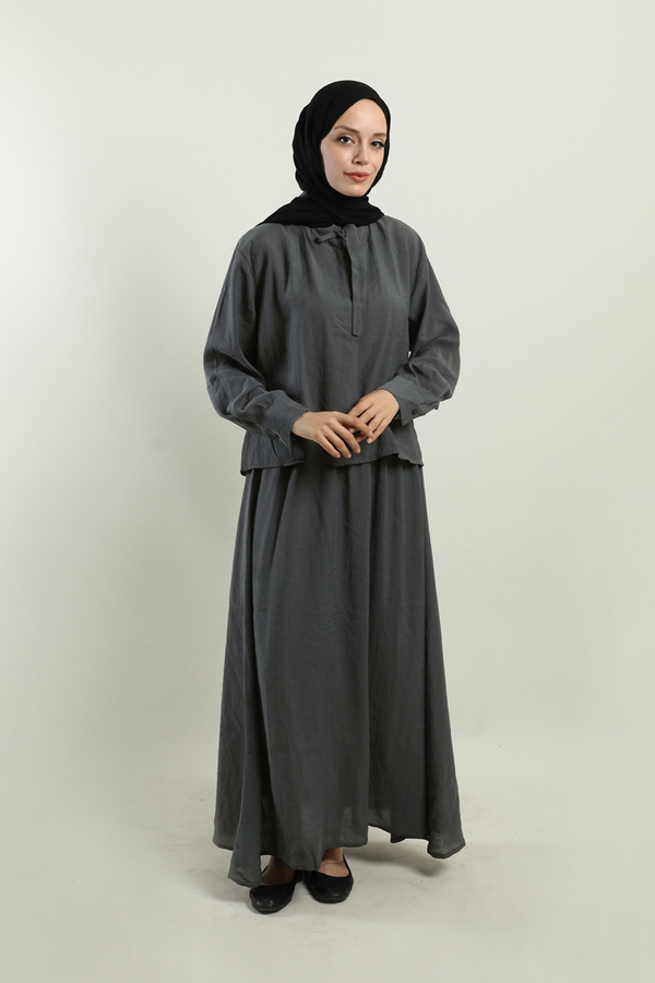 Yakası Bağlamalı Etek Takım Füme - 1