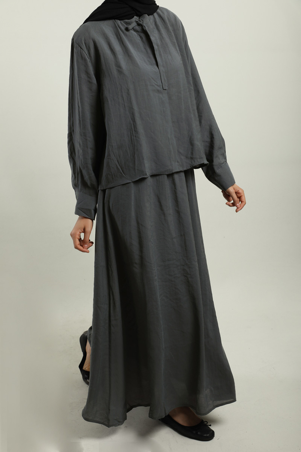 Yakası Bağlamalı Etek Takım Füme - 4