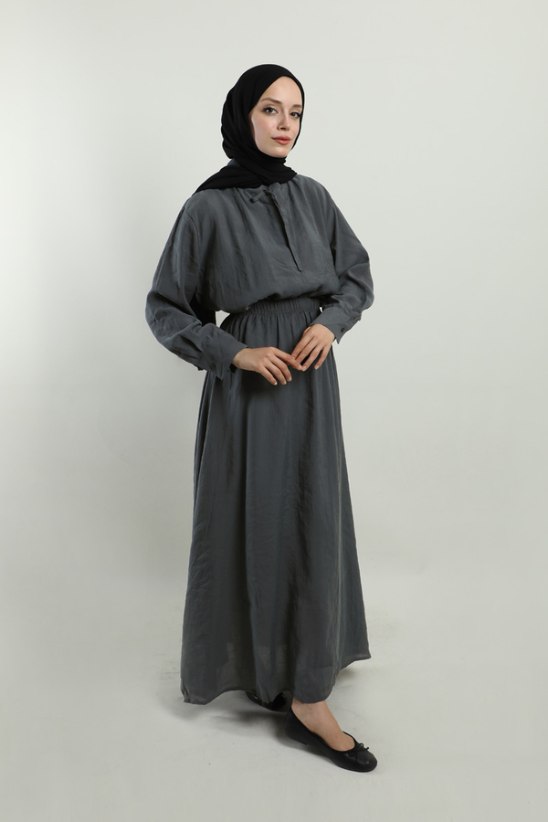 Yakası Bağlamalı Etek Takım Füme - 5