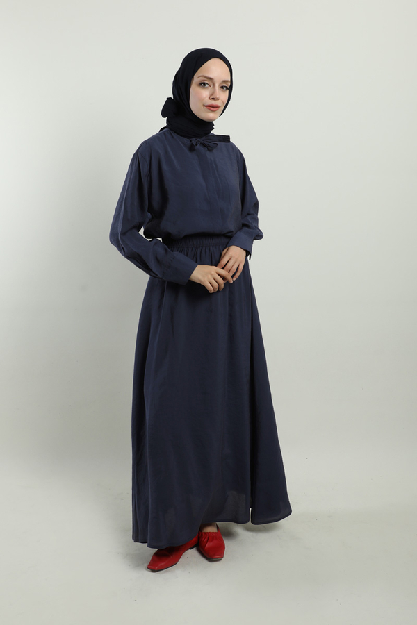 Yakası Bağlamalı Etek Takım Lacivert - 4