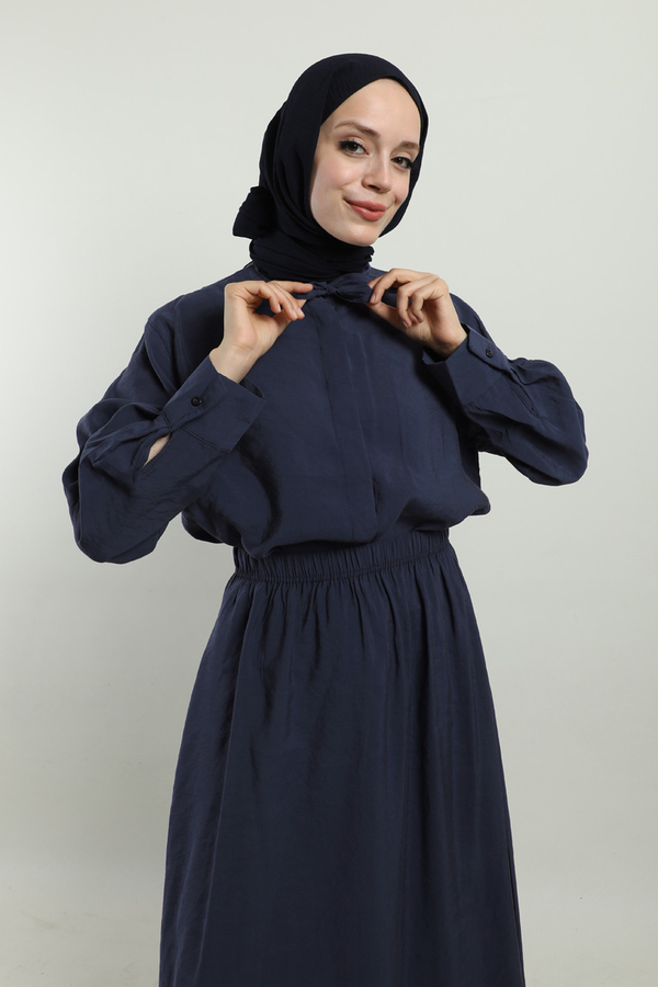 Yakası Bağlamalı Etek Takım Lacivert - 1