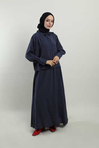 Yakası Bağlamalı Etek Takım Lacivert - 2