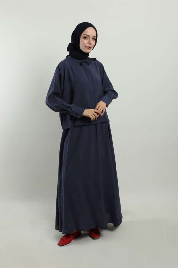 Yakası Bağlamalı Etek Takım Lacivert - 2