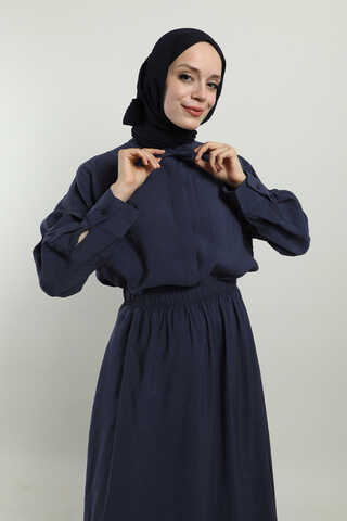 Yakası Bağlamalı Etek Takım Lacivert - 1