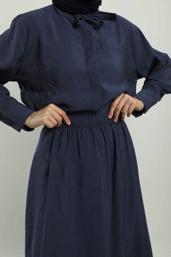 Yakası Bağlamalı Etek Takım Lacivert - 5