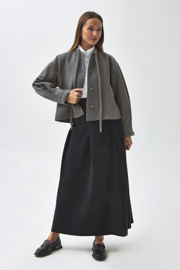 Yakası Bağlamalı Kısa Ceket Gri - 6