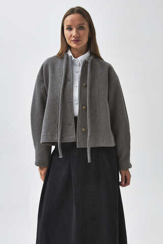 Yakası Bağlamalı Kısa Ceket Gri - 10