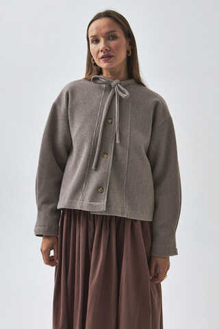 Yakası Bağlamalı Kısa Ceket Vizon - 4