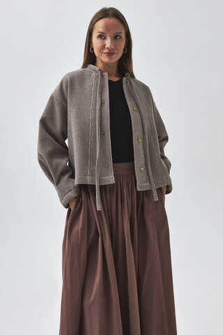 Yakası Bağlamalı Kısa Ceket Vizon - 10